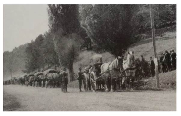A horse-drawn column during a halt; in the foreground a field kitchen in action..............
