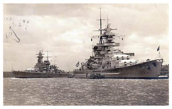 German Panserschiff Admiral Graf Spee and battleship Gneisenau in Kiel, 1938..............