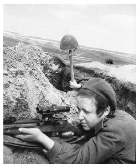 A group of female snipers of the Soviet 33rd Army in a combat position in the trench..........