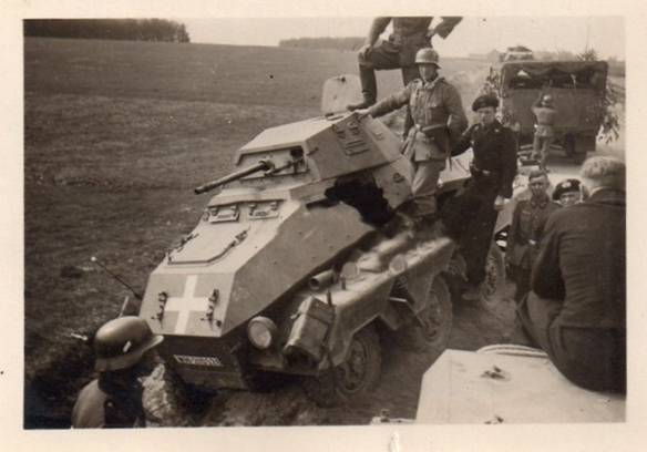 Panzerspähwagen Sd Kfz 231 of AA 6 (Mot) destroyed in the morning of the first day of the campaign by an anti-tank weapon. One dead and three seriously wounded........................<br />1. Sept. morgens 1. Verlust 8 rad durch Pak 1 Toter, 3 Schwerverletzte.
