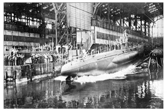 U 47 (Type VIIB) being launched on October 29, 1938 at the shipyard Krupp Germaniawerft AG, Kiel ...............................................