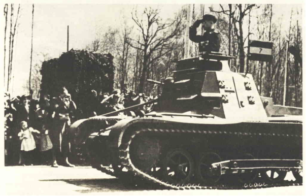 Oberst Landgraf leads the column in his Panzerbefehlswagen I Ausf. B; The vehicle is equipped with a turret (non-rotating) and a machine gun in a ball mount ..................................................