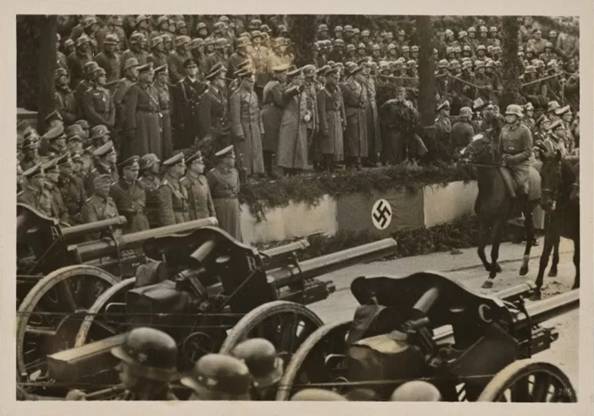 The Fuhrer was with his troops in the Polish campaign until the final blow. At its end he reviewed a parade of the armed forces in Warsaw. “On this day a battle is concluded which manifests the best of German soldiering.”......................................