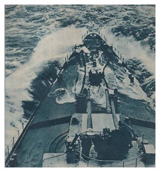 View of the bow of the Prinz Eugen with its twin 203mm turrets...........................................
