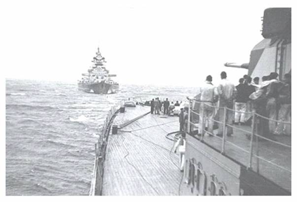 The Battleship &quot;Bismarck&quot; seen from the stern of the heavy cruiser &quot;Prinz Eugen&quot;.............