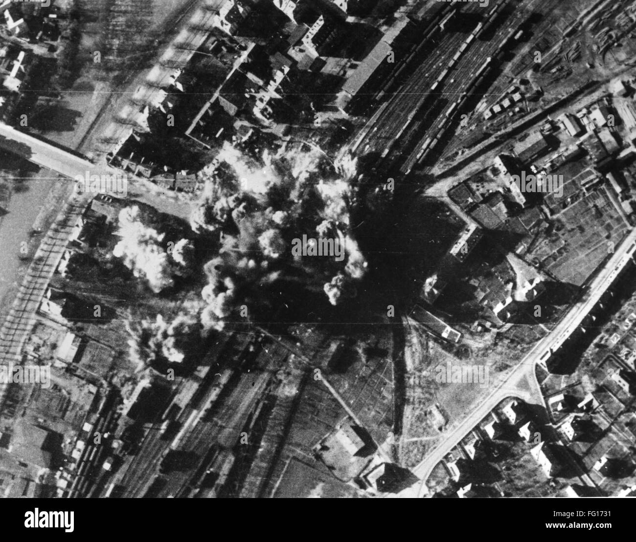 railroad marshalling yards at Marburg,Germany, under attack by the 9th U.S. Air Force on 22 February 1945.