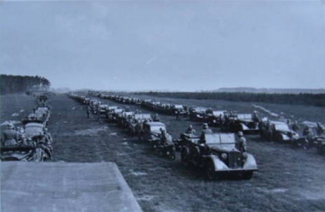 A German motorized column ready to march against the enemy. German-Polish border, Aug 1939.