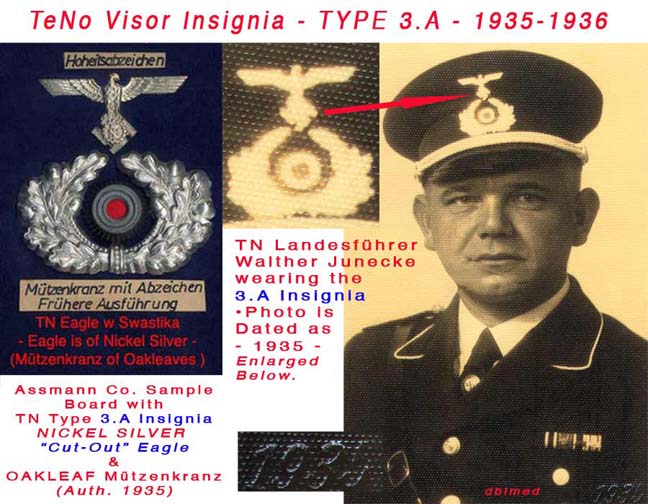 ASSMANN Sample Board – 3rd TN Visor Insignia – Type 3.A (Early)<br />Photo of TN Landesführer Walther Junecke wearing this Set. (Very clearly seen - when you Look for the &quot;Cut-Out&quot; Swastika &amp; the Oak Leaf Mützenkranz!) Dated 1935 on Photo, on the lower RT. Corner.
