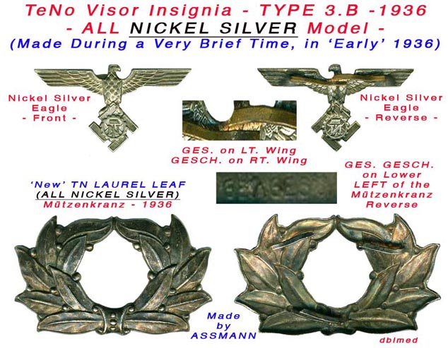 Front &amp; Reverse of - ASSMANN Nickel Silver Eagle + Nickel Silver Laurel Leaf Mützenkranz – 3.B (Middle) TN Visor Insignia.