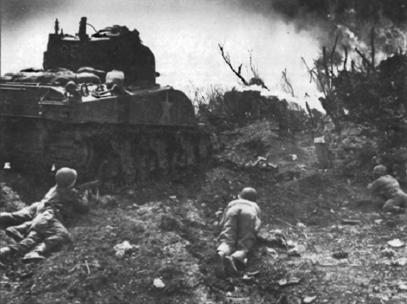 A M4 Sherman of 713° fighting against japaneses positions at Coral Ridge, Okinawa.