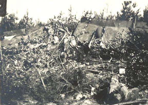 Plane's remnants and the body of one of its crew ( right angle below).