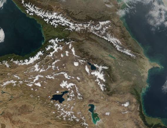 The Caucasus................<br />http://upload.wikimedia.org/wikipedia/commons/f/fb/Caucasus.A2001306.0815.250m.jpg
