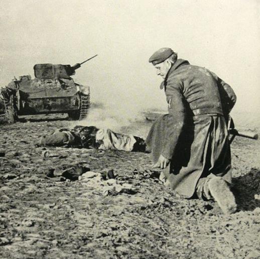 Some tanks sought to break into the positions from the road, but three of them were disabled by the brave men of the antitank gun...................