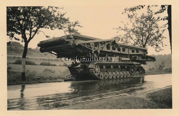 Two Brückenleger IV in France 1940; both with the pivoting system (Krupp) to launch the bridge .................<br /> Orig. TOP Photo Brückenlege-Panzer IV Brückenpanzer m. Kennung in Frankreich 1940