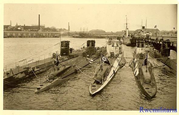 Several u boats type VIIA of Flotilla Saltzwedel moored in Kiel (at least two have some sort of camouflage)................<br /> s-l1600Port. Photo RARE Kriegsmarine U-Boats (U-Flotille 2.) Tied Up in Harbor; KIEL! eBay Auction.