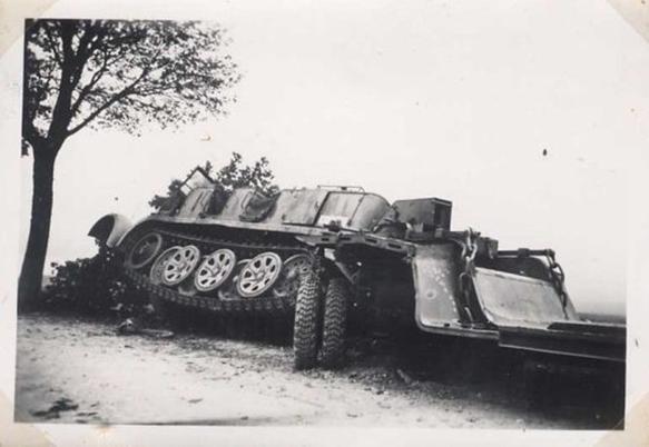 A Zugkraftwagen with a trailer Sd. Ah. 115 went to the roadside (accident or enemy action?).............<br />http://odkrywca.pl/panzer39-wraki-czesc-druga,303695.html