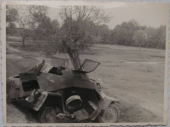 View of a Sd Kfz 222 out of action due to enemy action.....................<br />http://odkrywca.pl/panzer39-wraki-czesc-siodma,730647.html