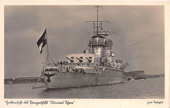 Beautiful view of Admiral Scheer Panzerschiff from the stern with outriggers and accommodation ladder deployed; the ship hoisted the Reichskriegsflagge (war flag) 1933-35.......................