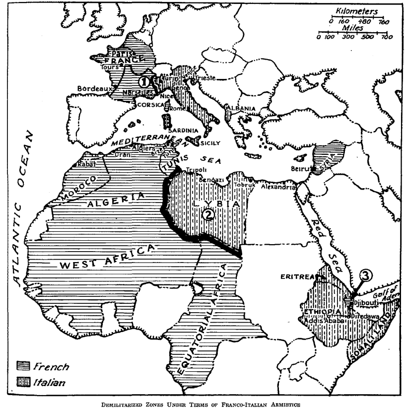 1. Area in black to be demilitarized by the French and held by Italian troops between the advanced lines and a line drawn 50 km beyond.<br />2. Lybia encircled by demilitarized zones (in black) in Tunisia, Algeria, French West Africa and French Equatorial Africa.<br />3. French Somaliland.