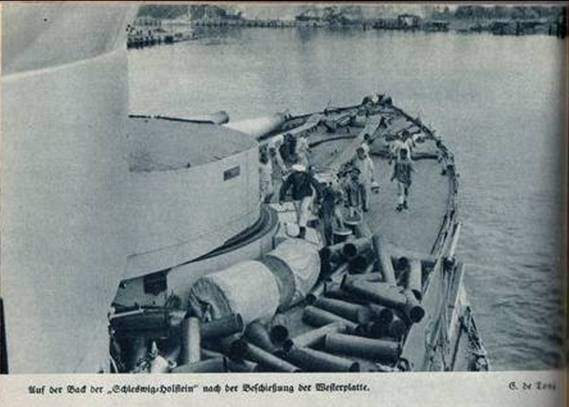 View of one of the twin turrets (aft I think) of &quot;Schleswig-Holstein&quot; after bombing the Westerplatte in September 1939, you can see the empty brass cases all over the deck..............................................