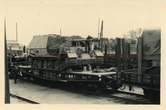 A Sd Kfz 184 Panzerjager Tiger (P) ready to be transported by rail to the front ...........................................